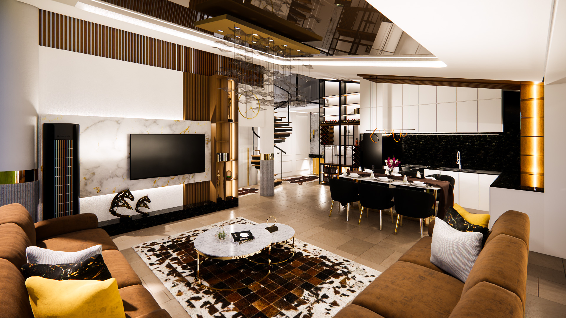 Living room and white kitchen with a sculptural pendant