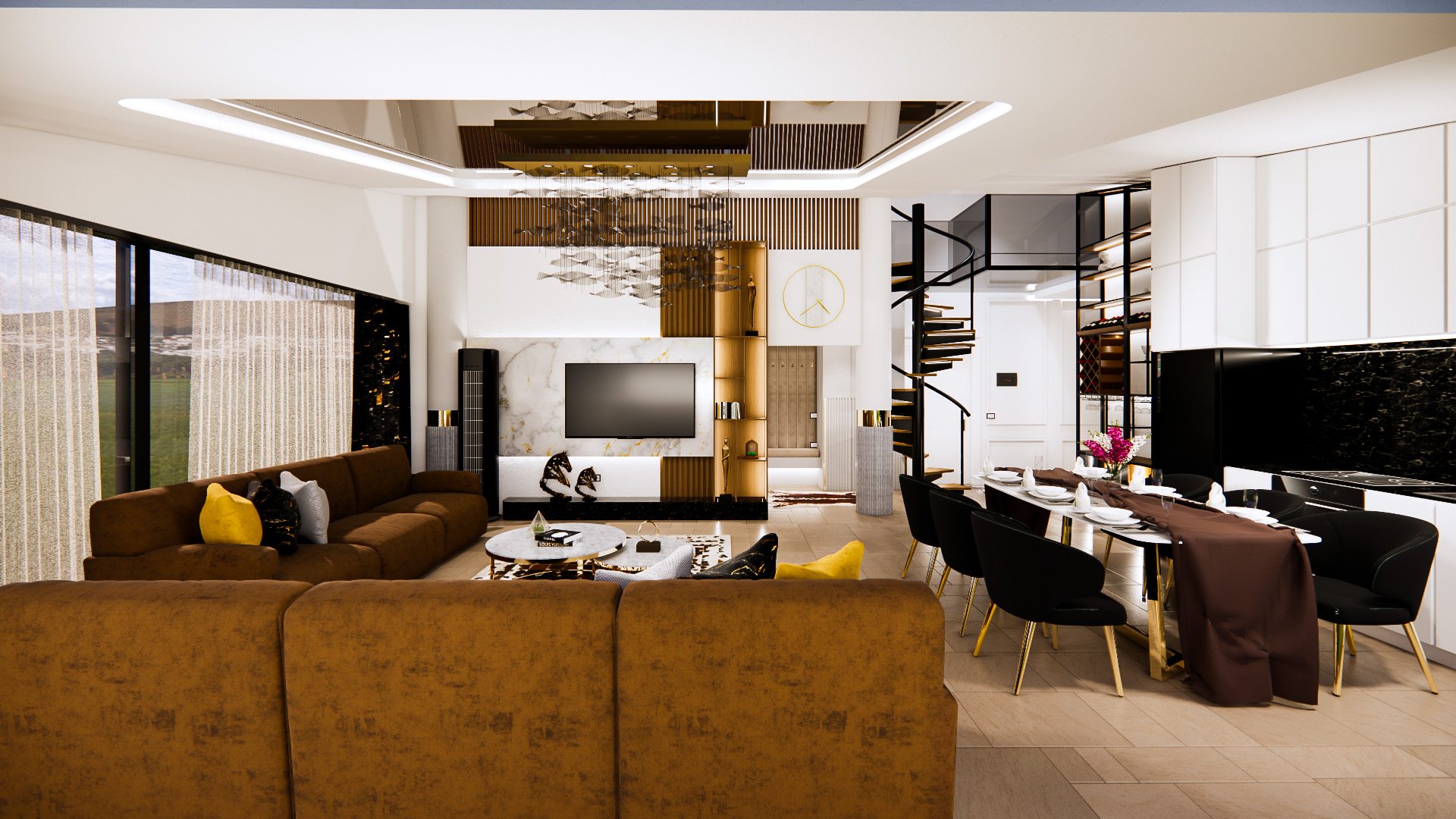 Panoramic living and dining area with a spiral staircase