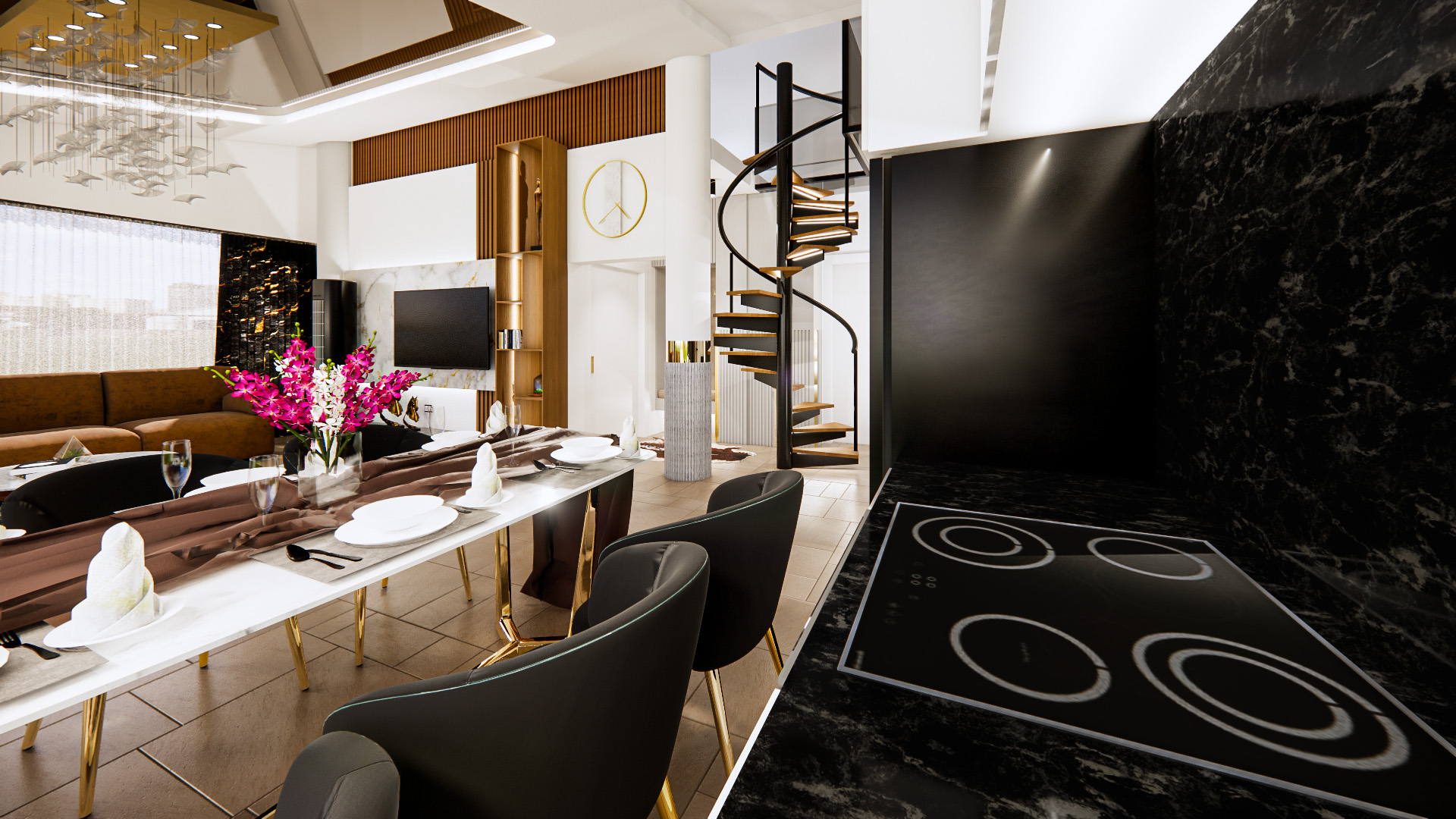 Dining area beside the black marble kitchen and spiral staircase