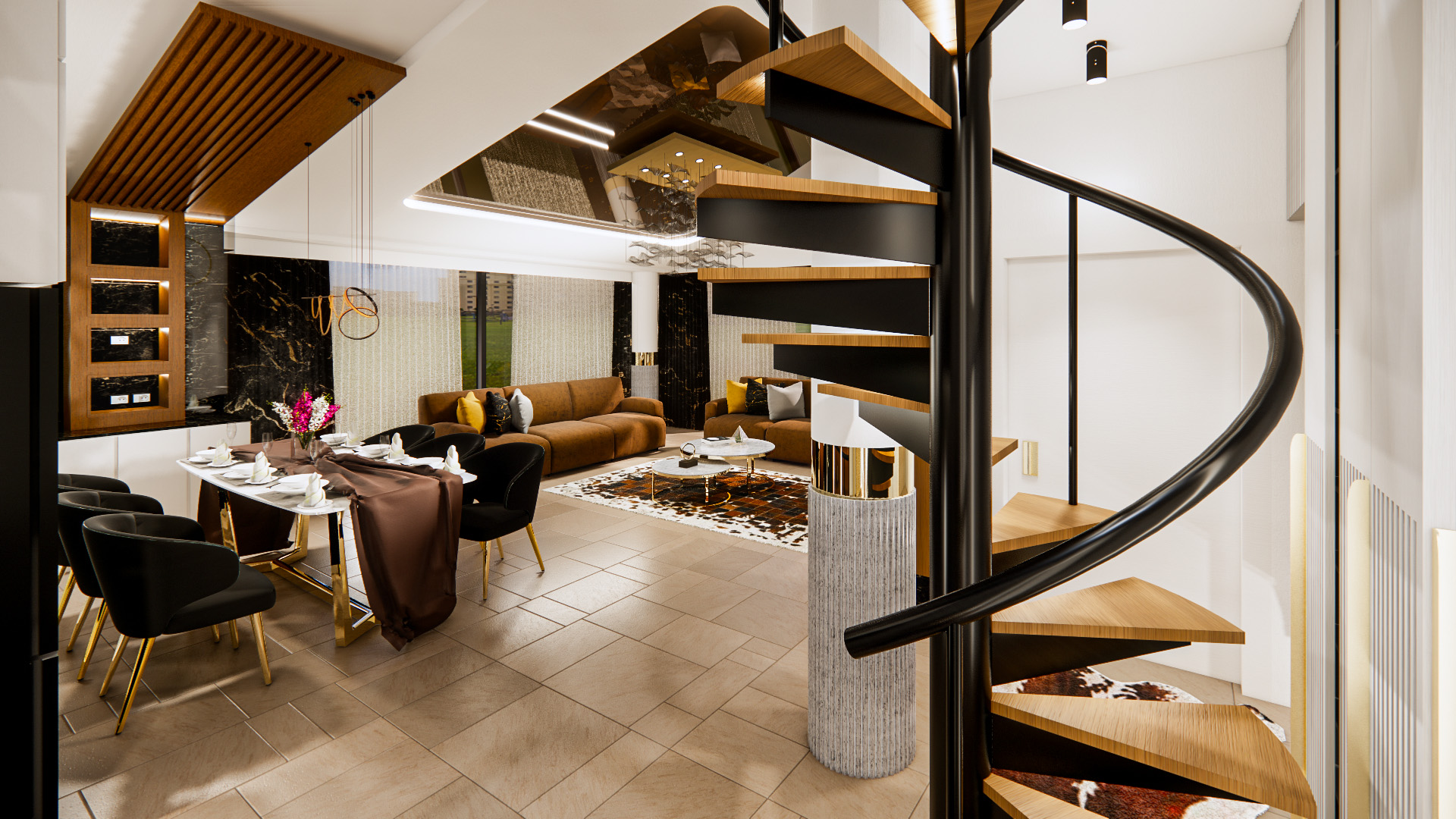 View from the spiral staircase across the open-plan living and dining area