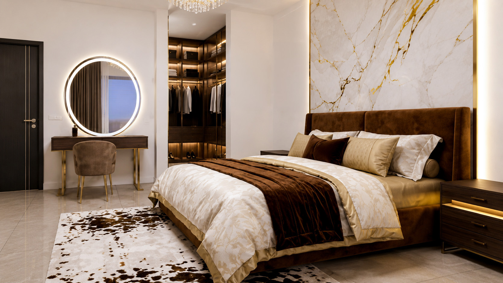 Bedroom with brown velvet bed and marble feature wall