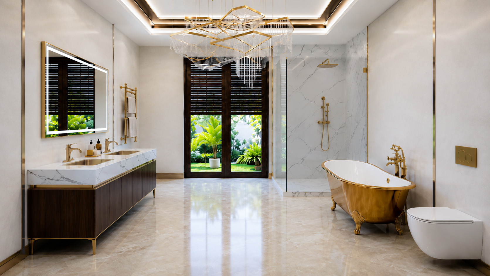 Bathroom with gold freestanding bath and marble shower