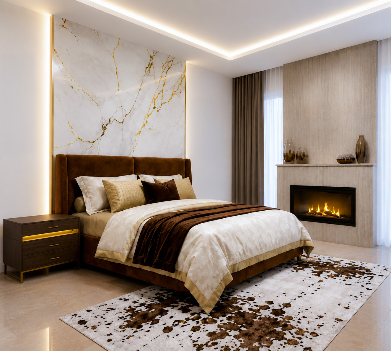 Bedroom with fireplace, marble feature wall, and brown velvet bed