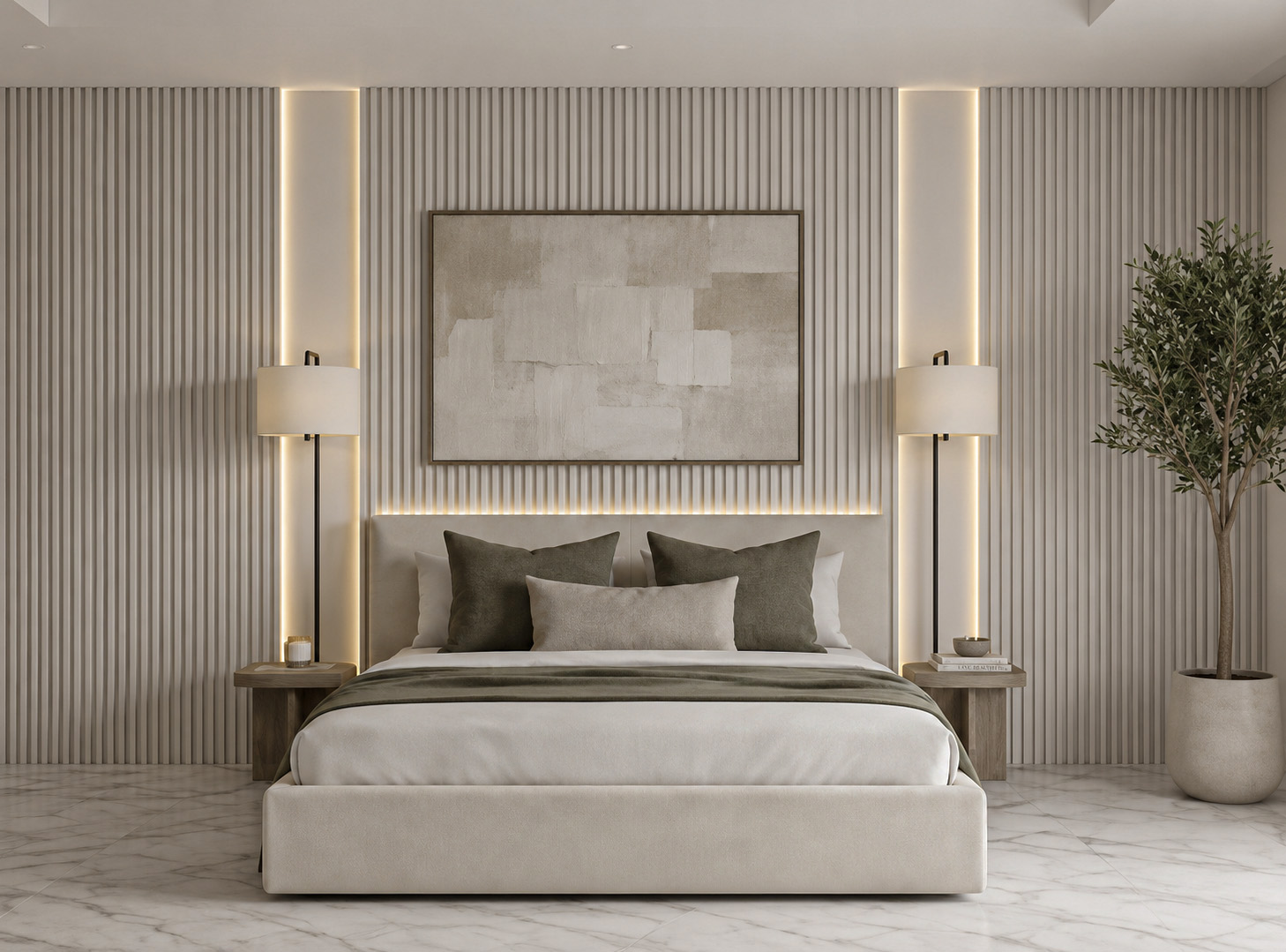 Neutral main bedroom with integrated lighting