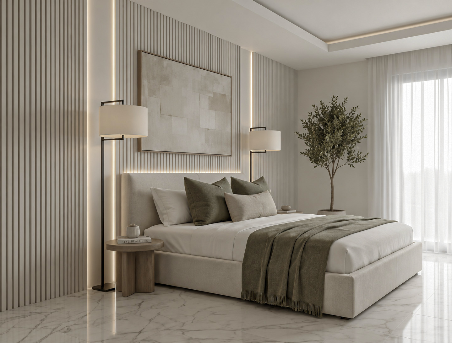 Main bedroom with soft neutral finishes