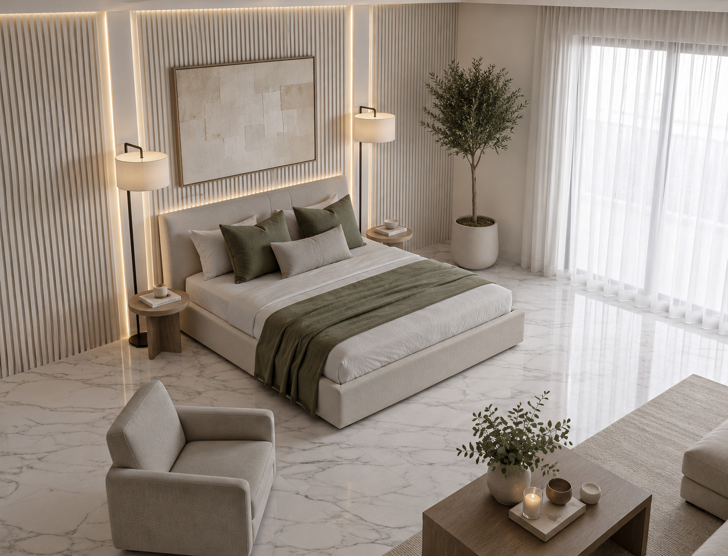 Spacious bedroom with marble flooring