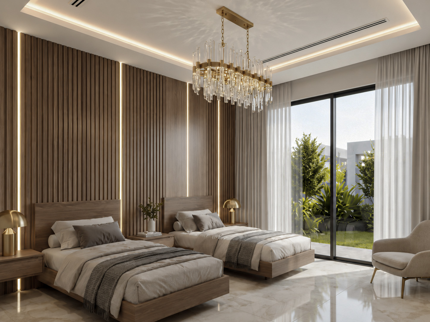 Children's twin bedroom with warm wood paneling