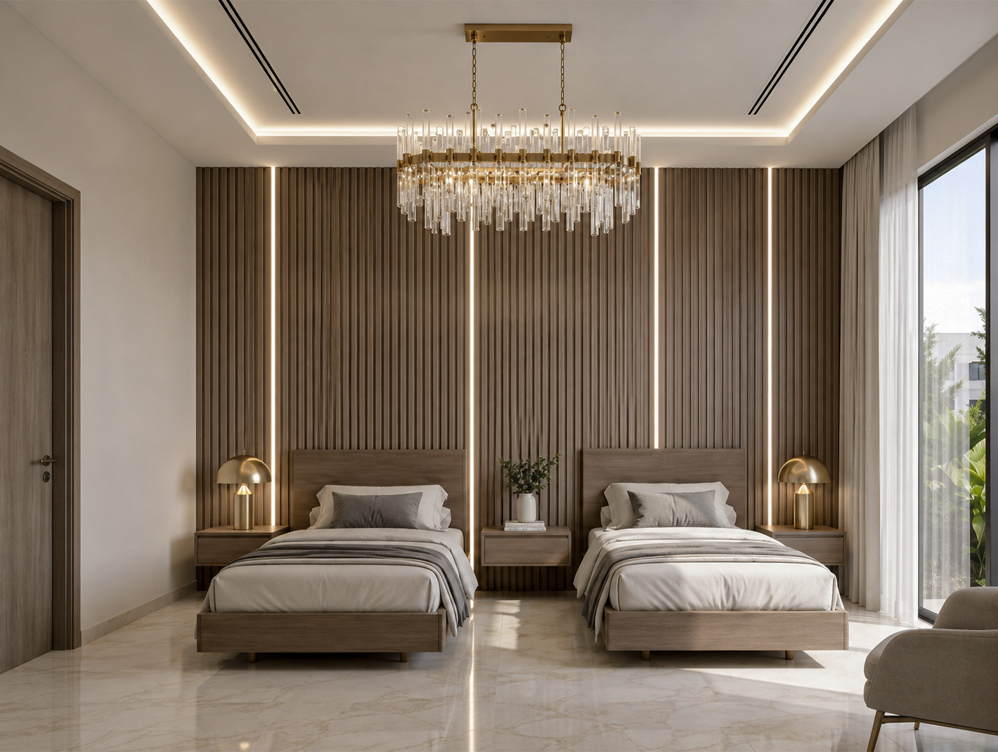 Children's bedroom with twin beds and chandelier