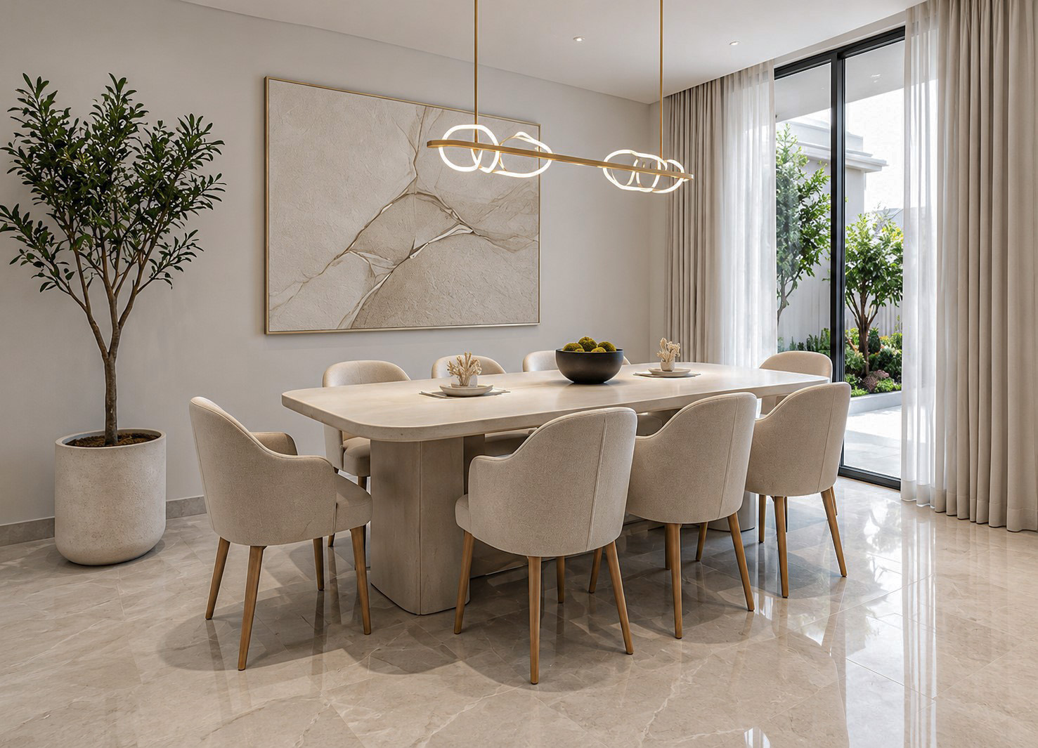 Dining room with sculptural lighting and garden view