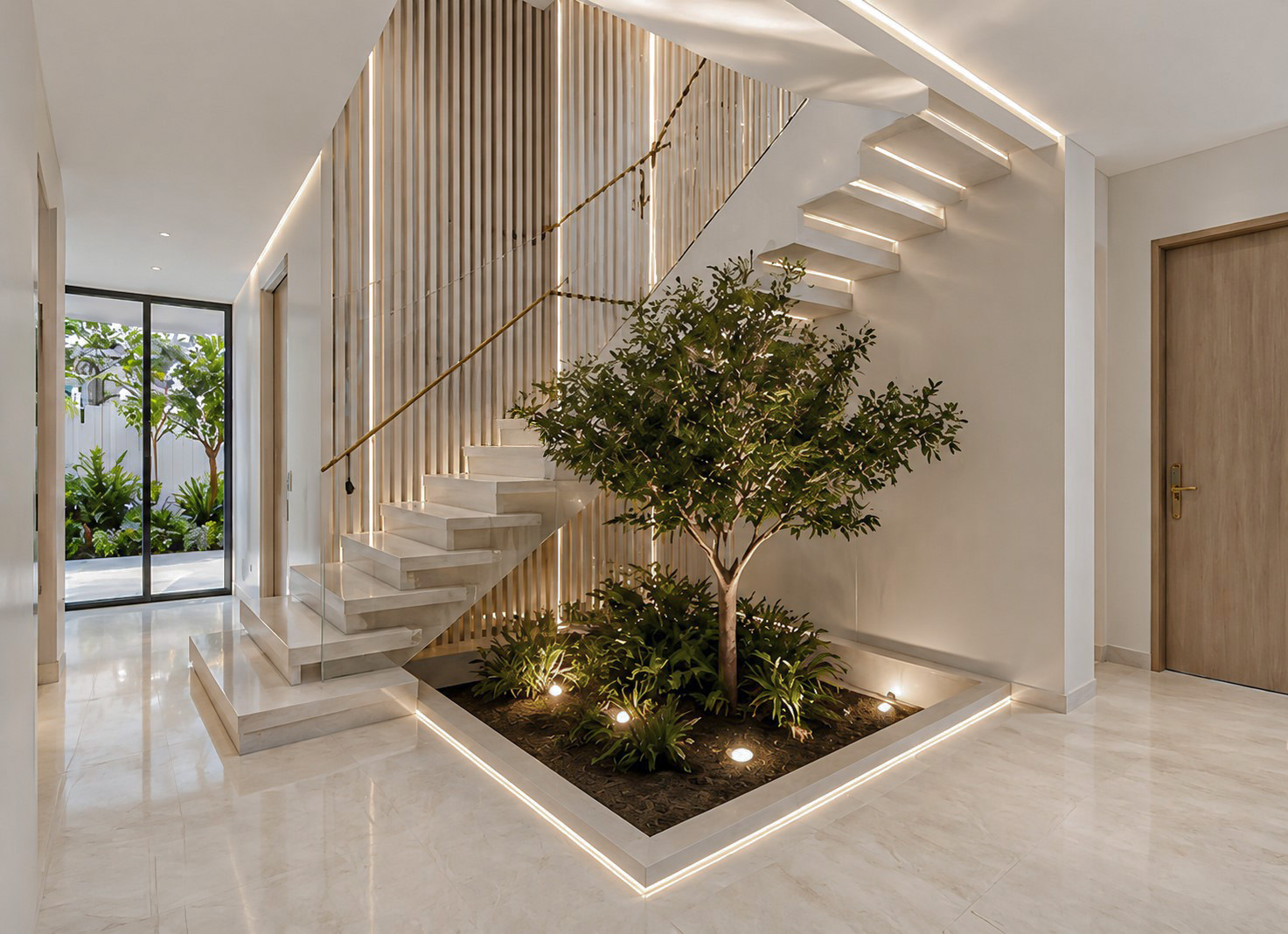 Hall with illuminated staircase and indoor planting