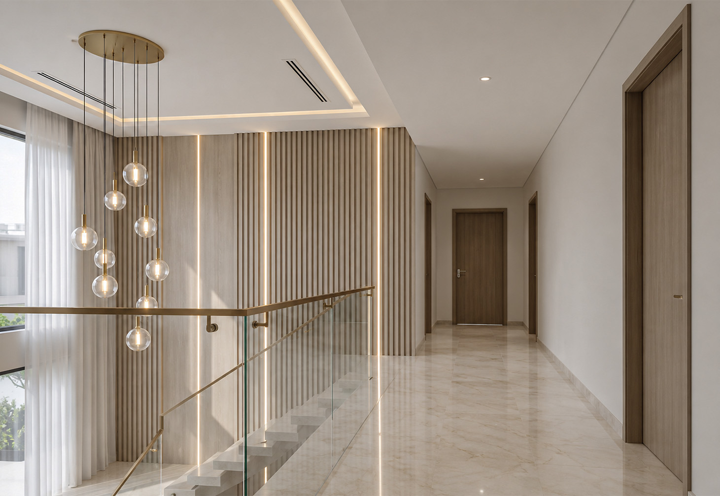 Upper hall with glass balustrade and pendant lights
