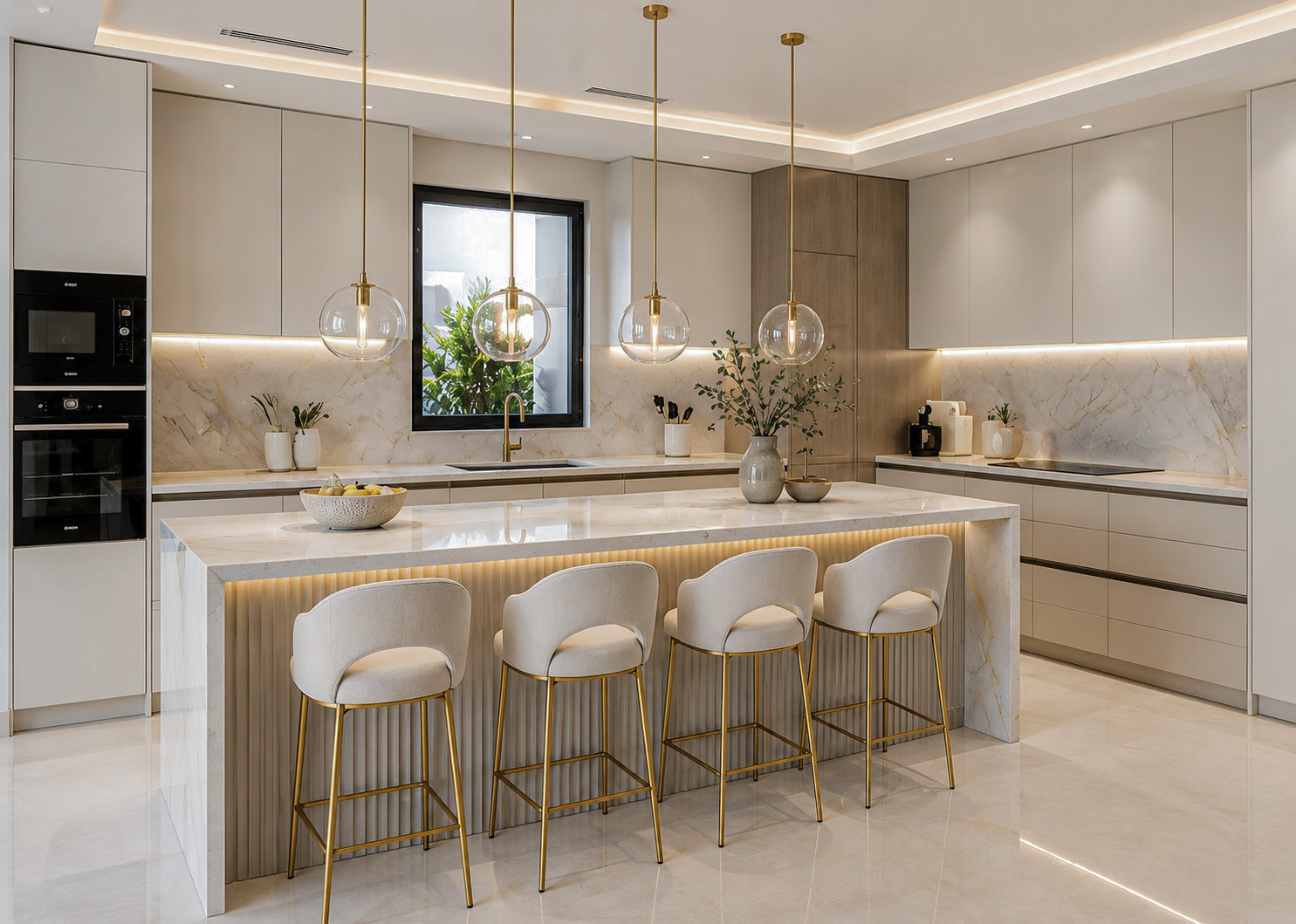 Modern villa kitchen with marble island