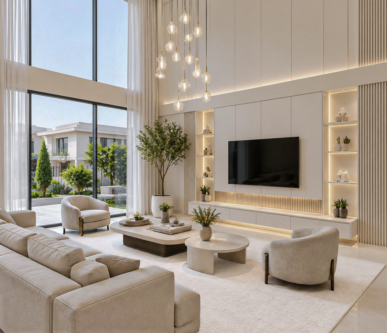 Double-height living room at Tilal Al Ghaf Villa