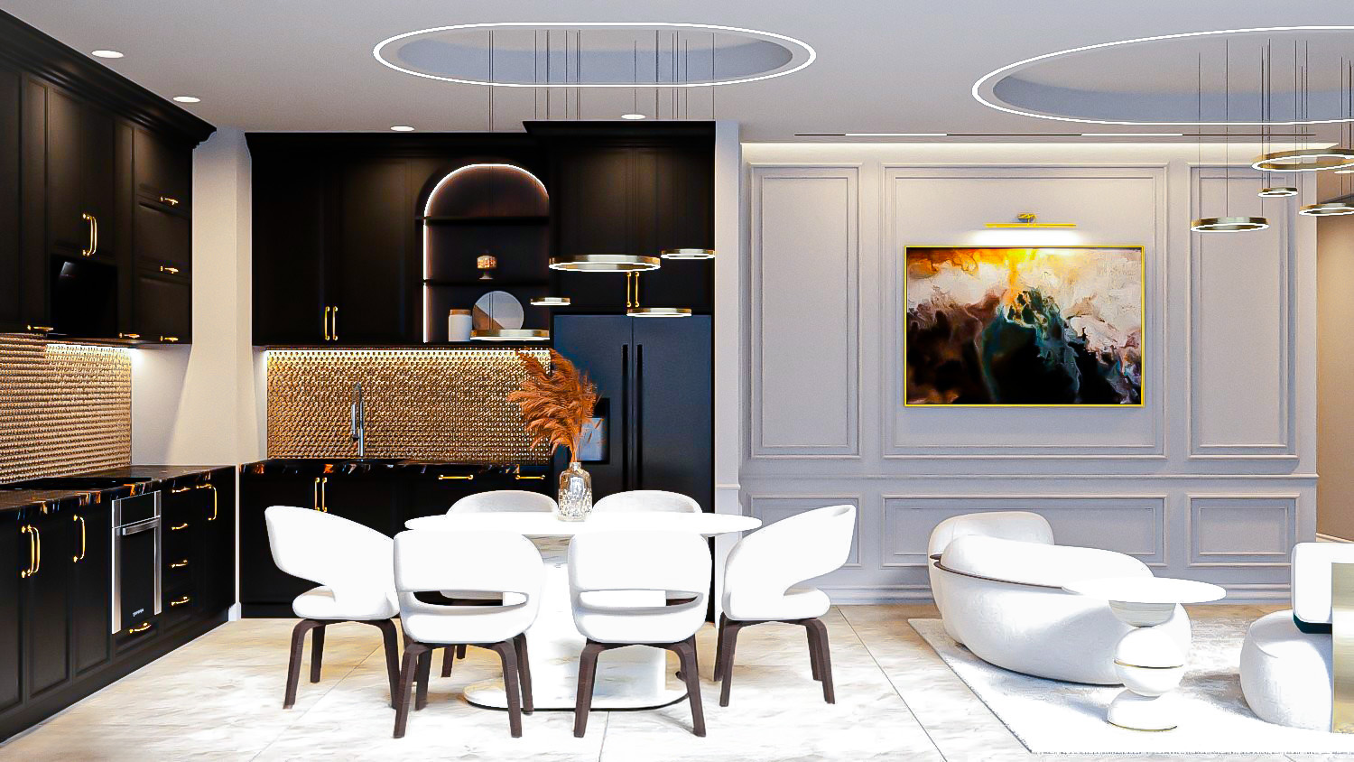 Open-plan living and dining interior in Dubai Marina
