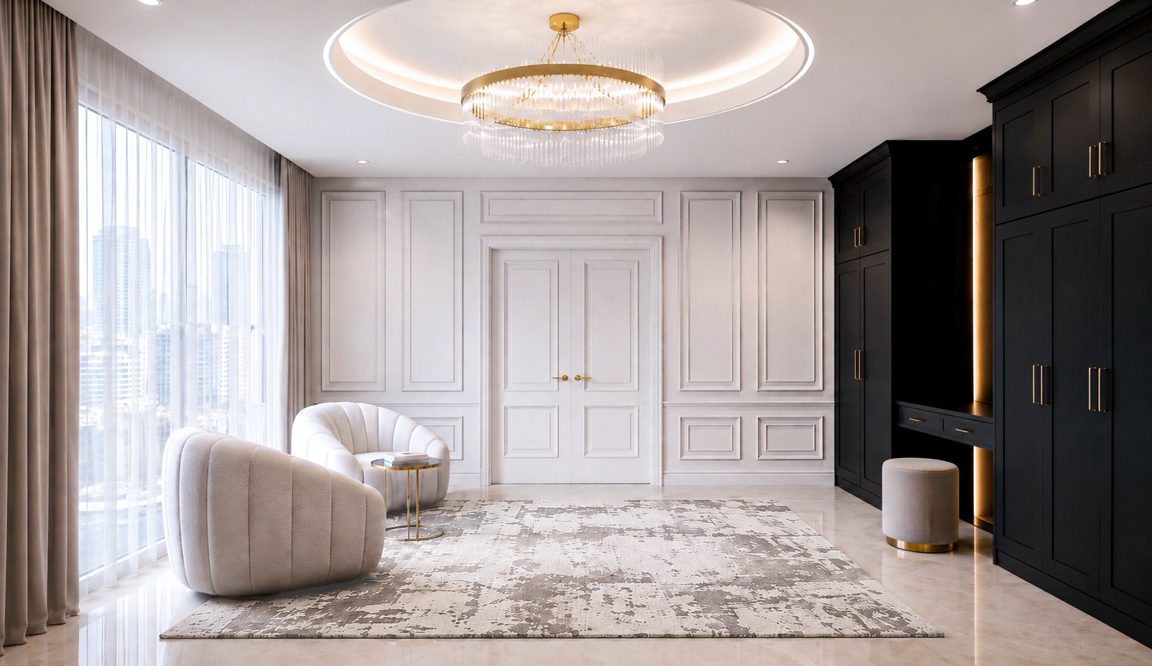 Bedroom dressing area with contemporary lighting