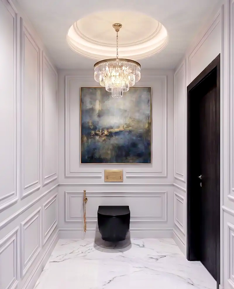 Powder room interior with classic wall detailing