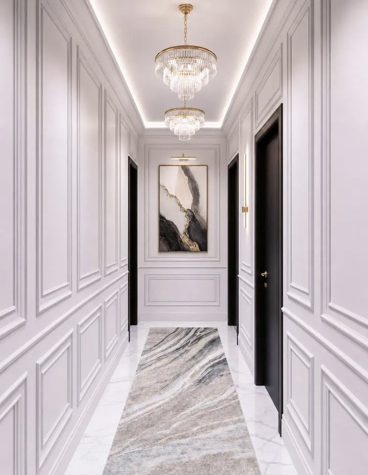 Bright hallway interior with classic wall panels