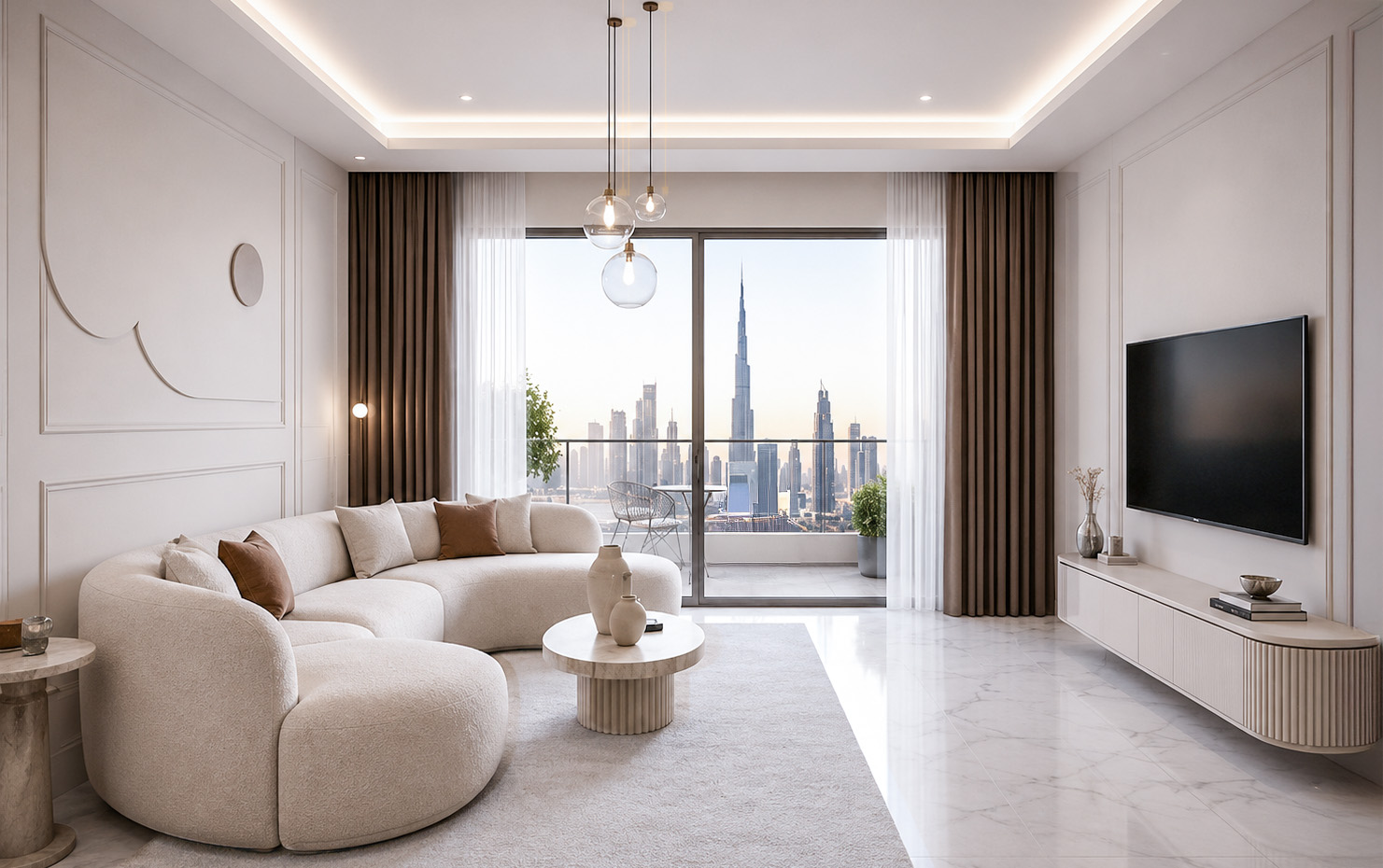 Bright living room overlooking the Dubai skyline