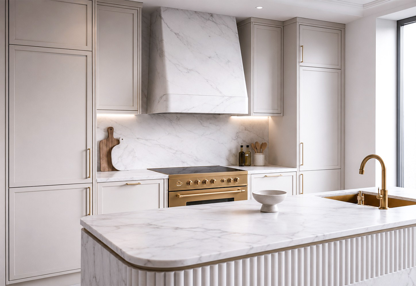 Marble kitchen with softly detailed cabinetry
