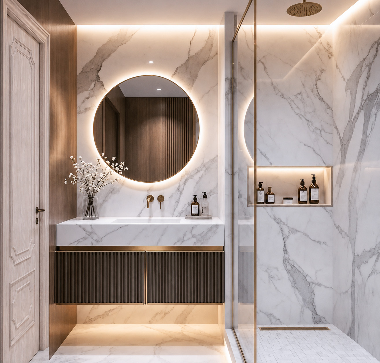 Marble bathroom with illuminated round mirror