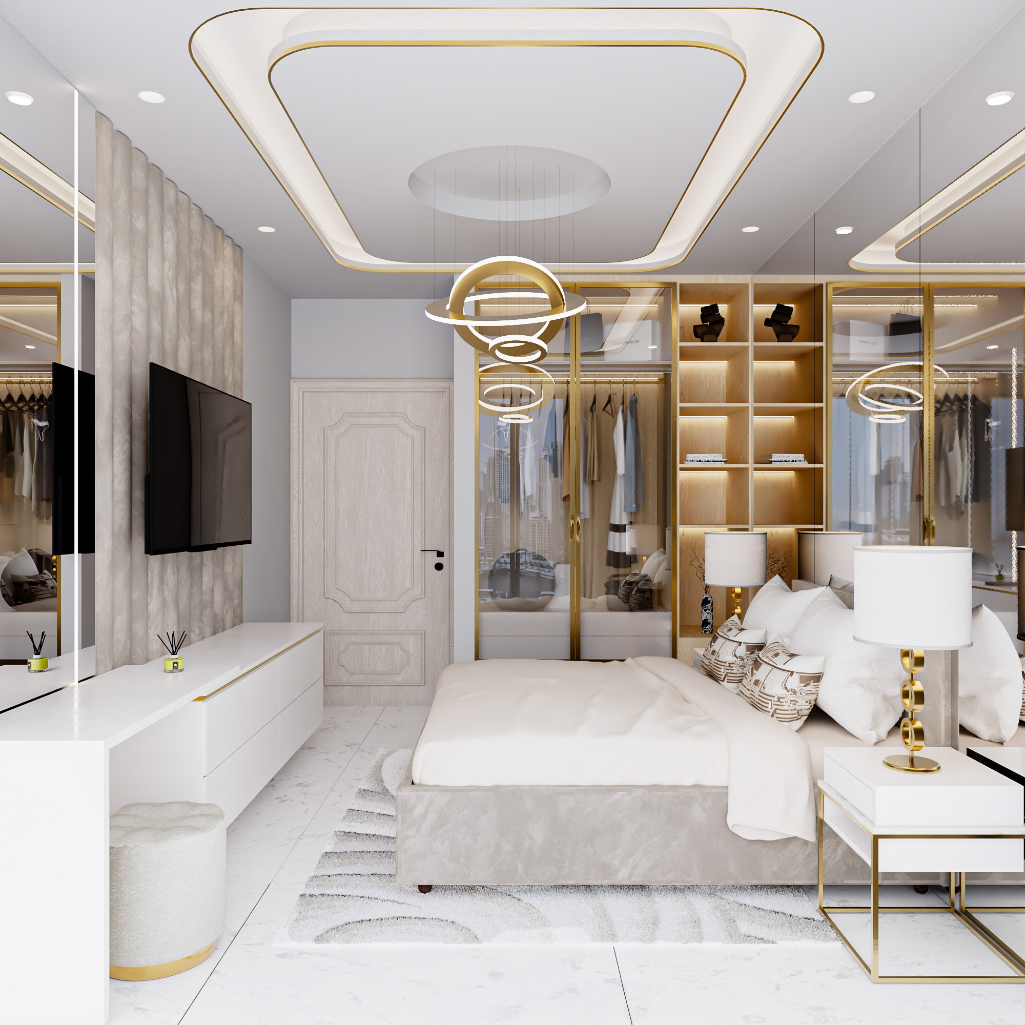 Luxury bedroom with illuminated ceiling and bespoke wardrobe