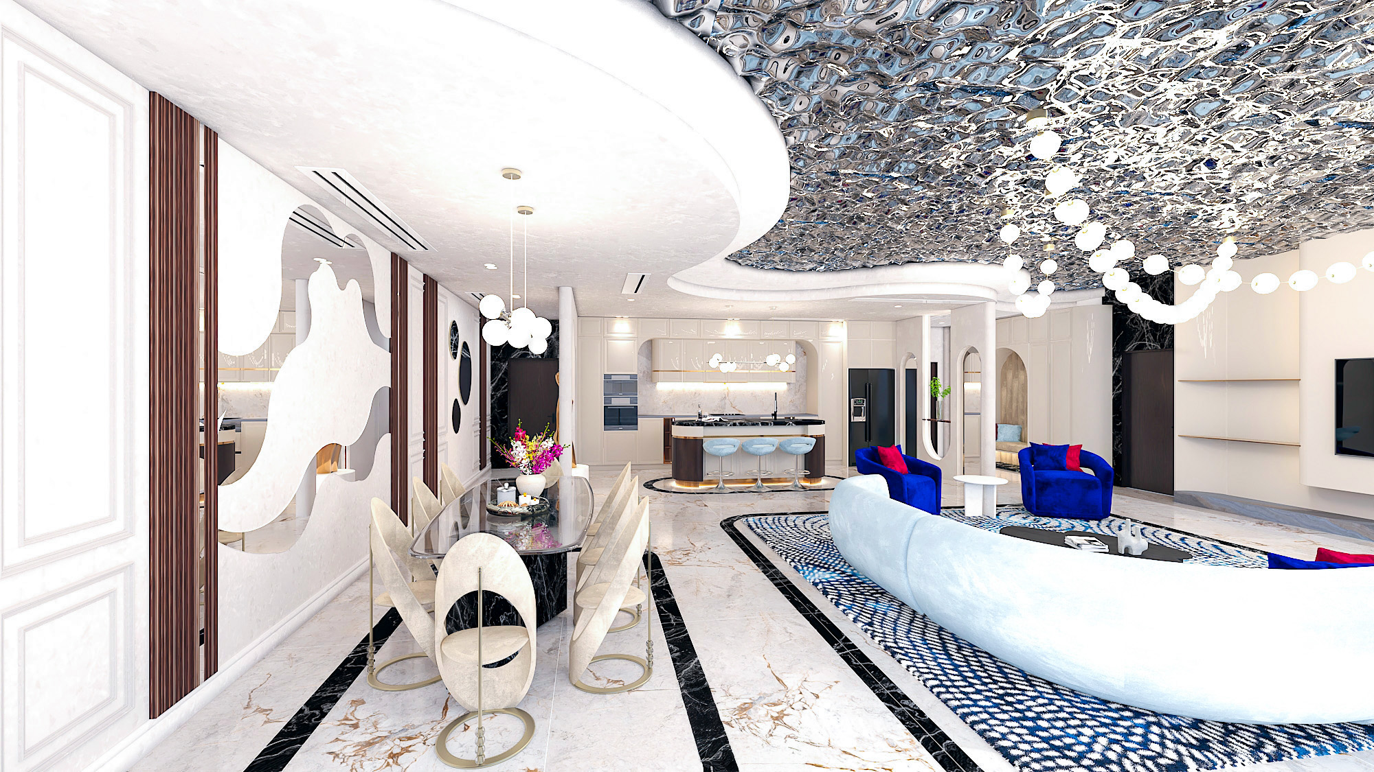 Luxury living room, dining area, and kitchen interior in Blue Waters Dubai