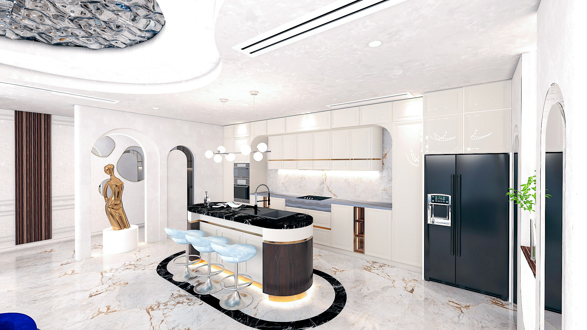 Luxury white kitchen with black marble island and sculptural lighting
