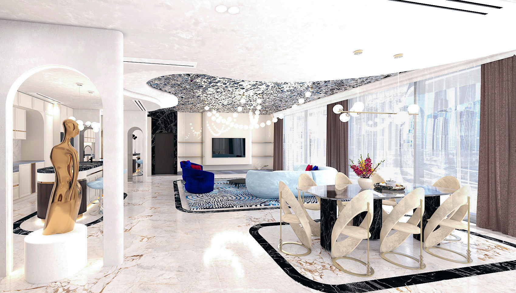 Open-plan dining, living room, and kitchen interior