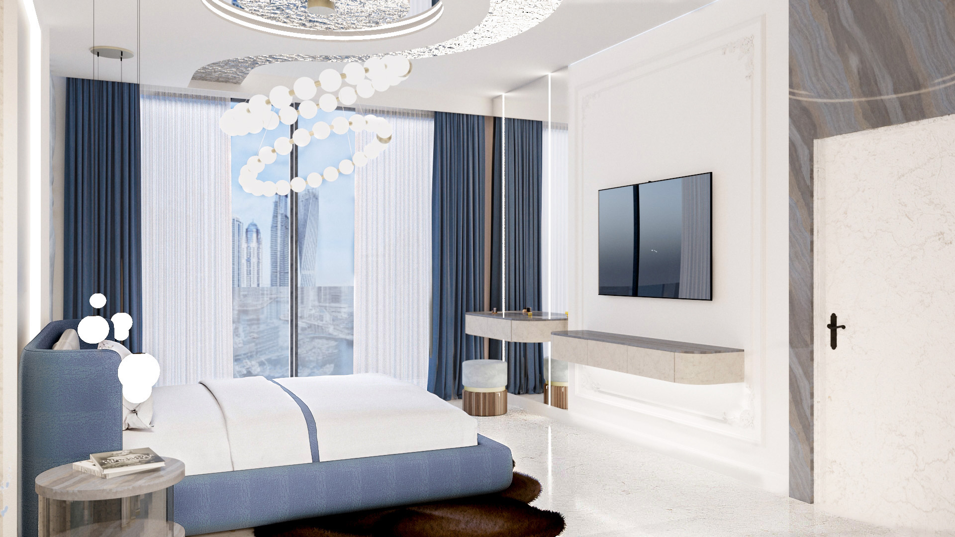 Luxury bedroom with skyline view and wall-mounted television