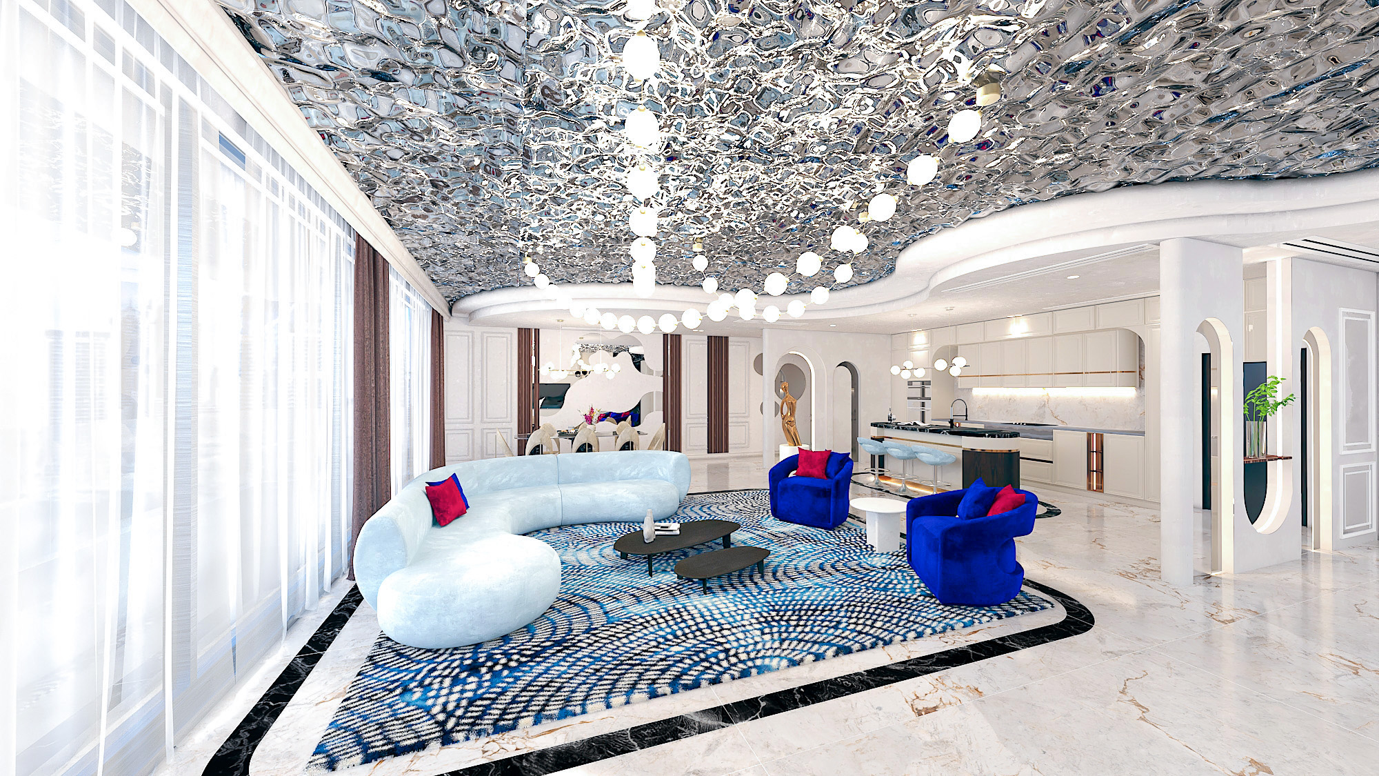 Luxury living room and kitchen final panoramic view