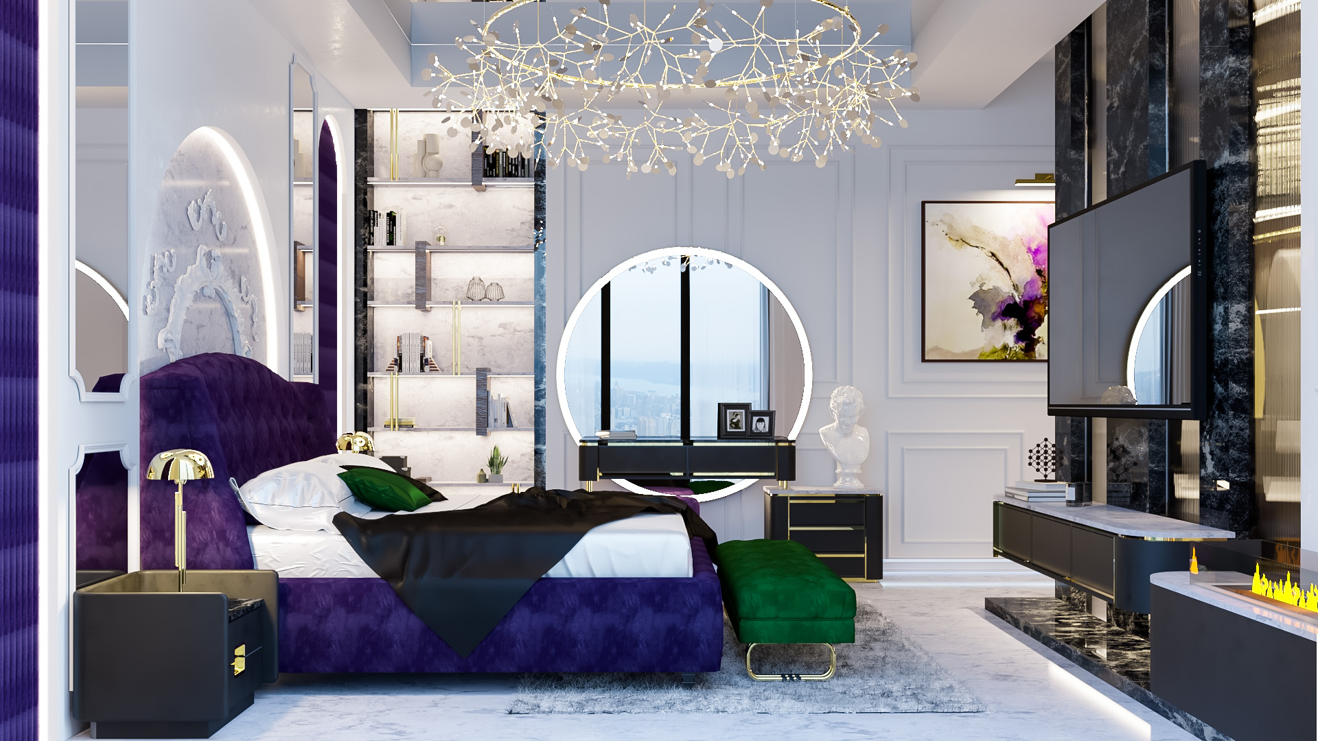 Luxury New York bedroom with purple velvet bed, sculptural lighting, and skyline view