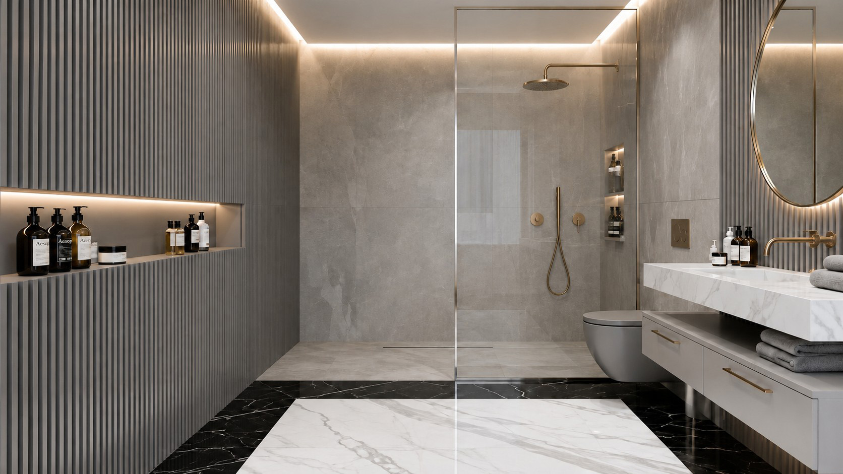 Luxury bathroom with fluted cabinetry, walk-in shower, and marble finishes