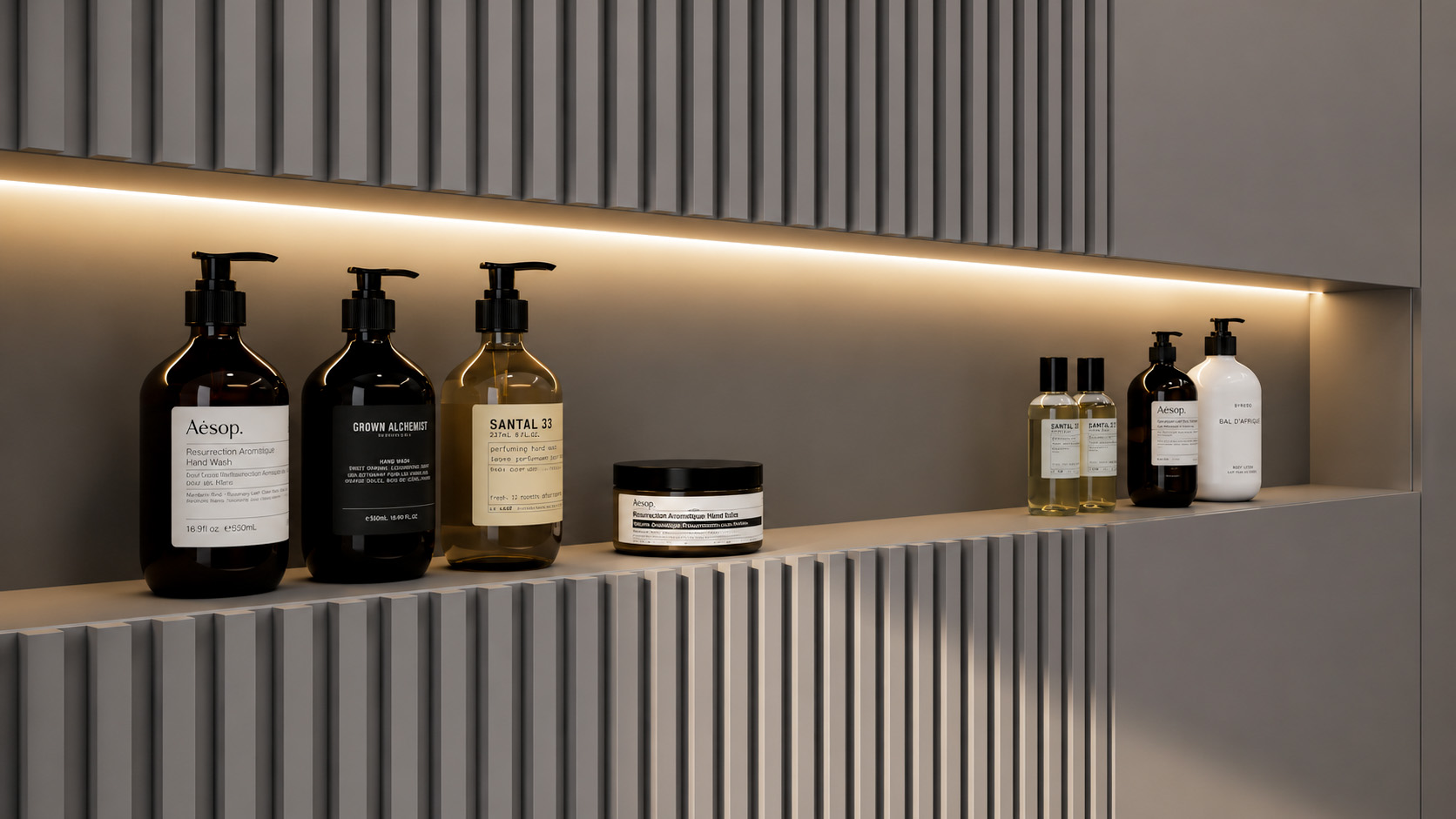 Illuminated bathroom shelf with luxury toiletries