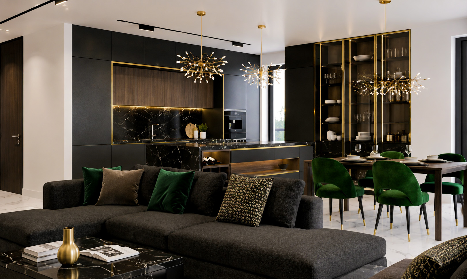 Open-plan living, dining, and kitchen in New York Apartment Interior Design