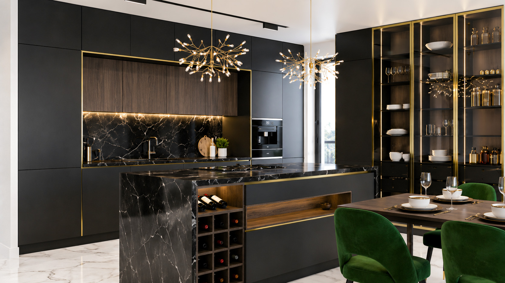 Black marble kitchen with gold-framed cabinetry and green dining chairs