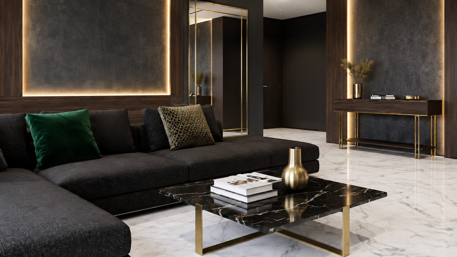 Dark luxury living room with black marble coffee table