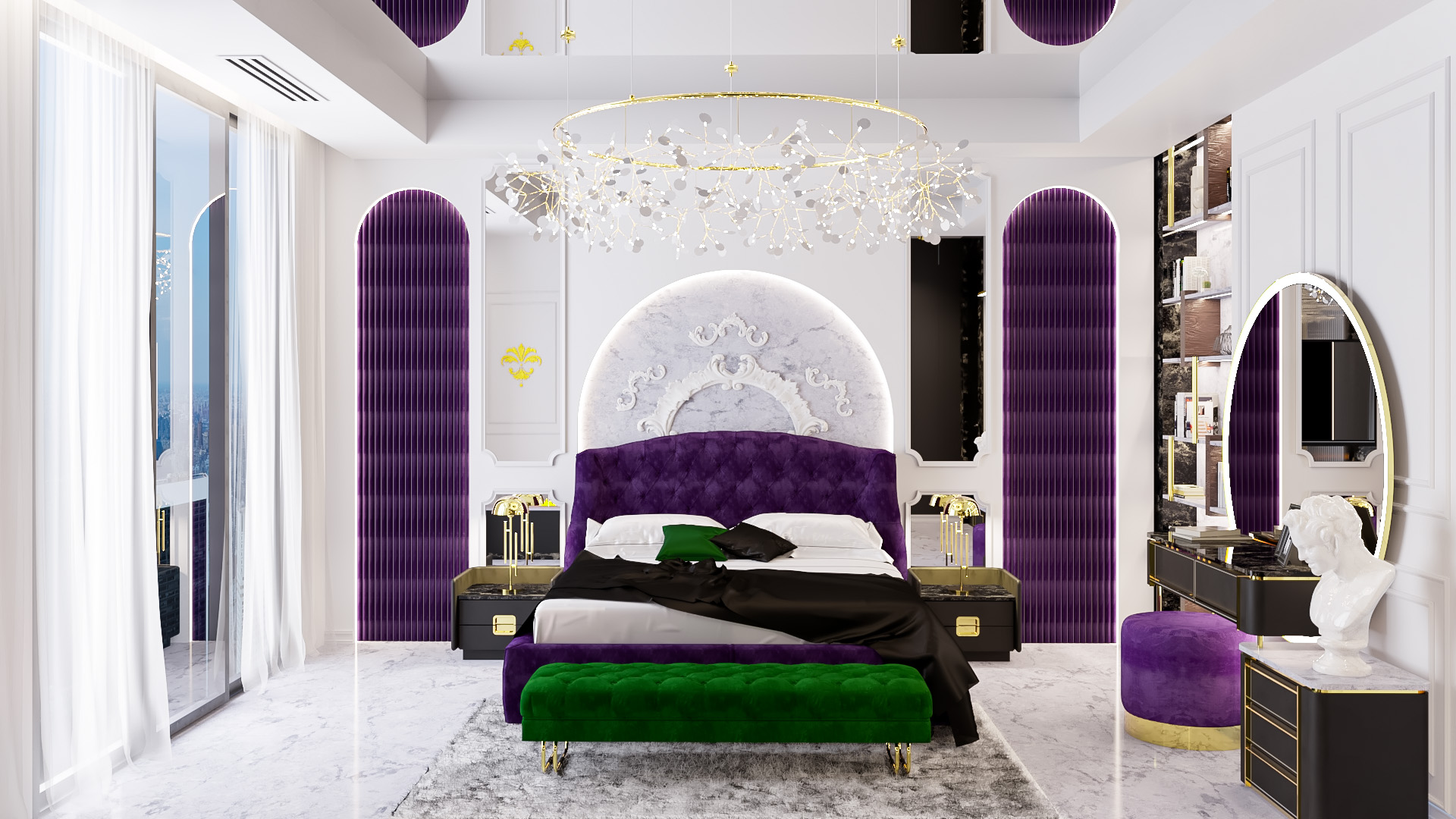 Luxury bedroom with purple velvet panels and sculptural chandelier