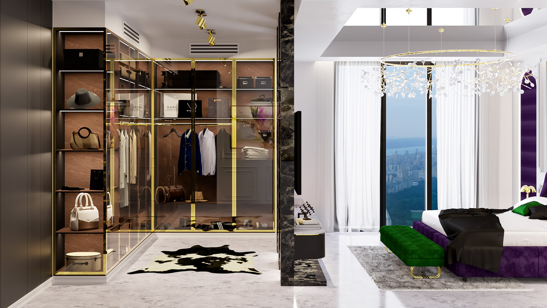 Luxury bedroom and illuminated walk-in wardrobe