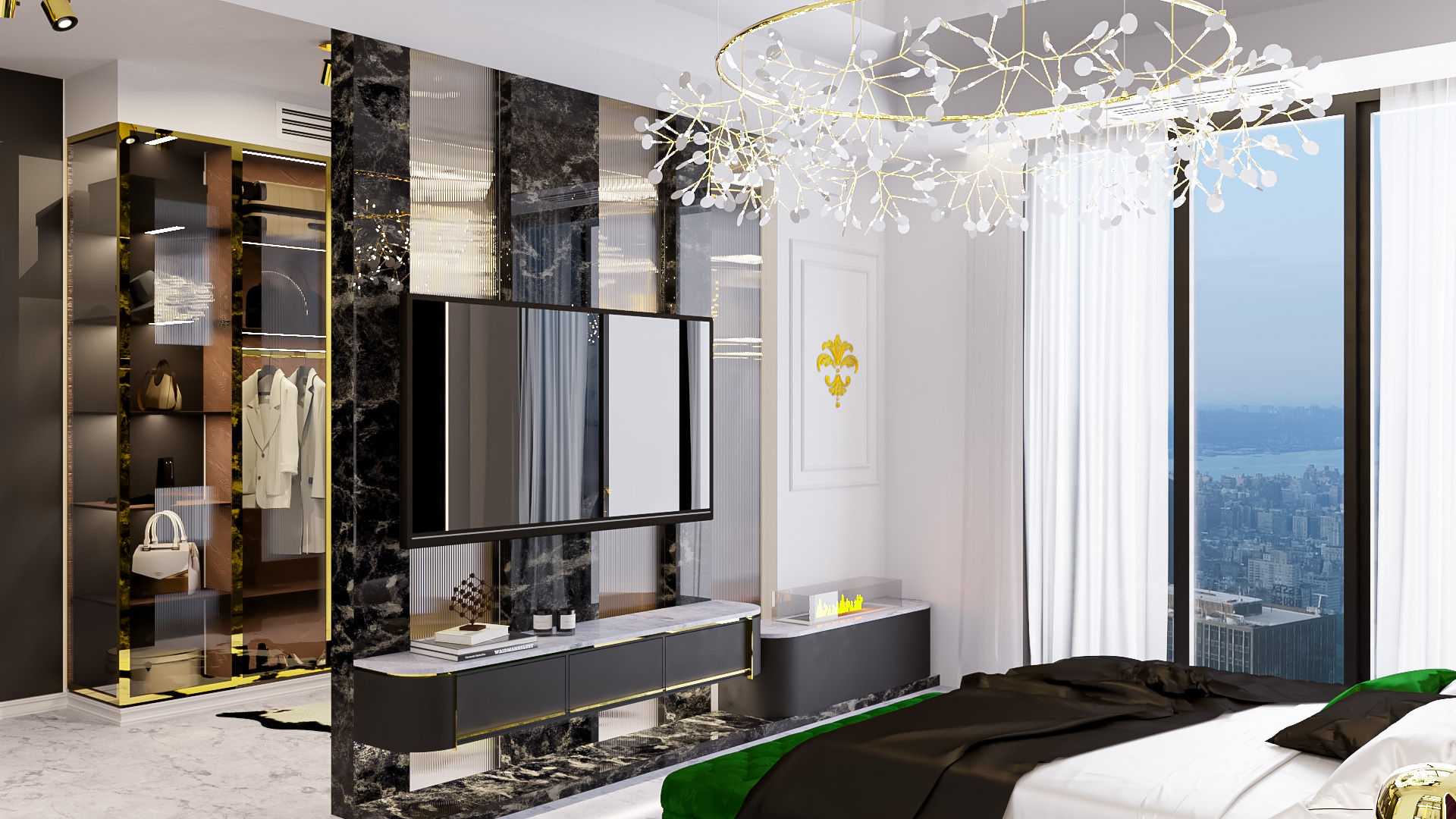 Luxury bedroom media wall, wardrobe, and skyline view