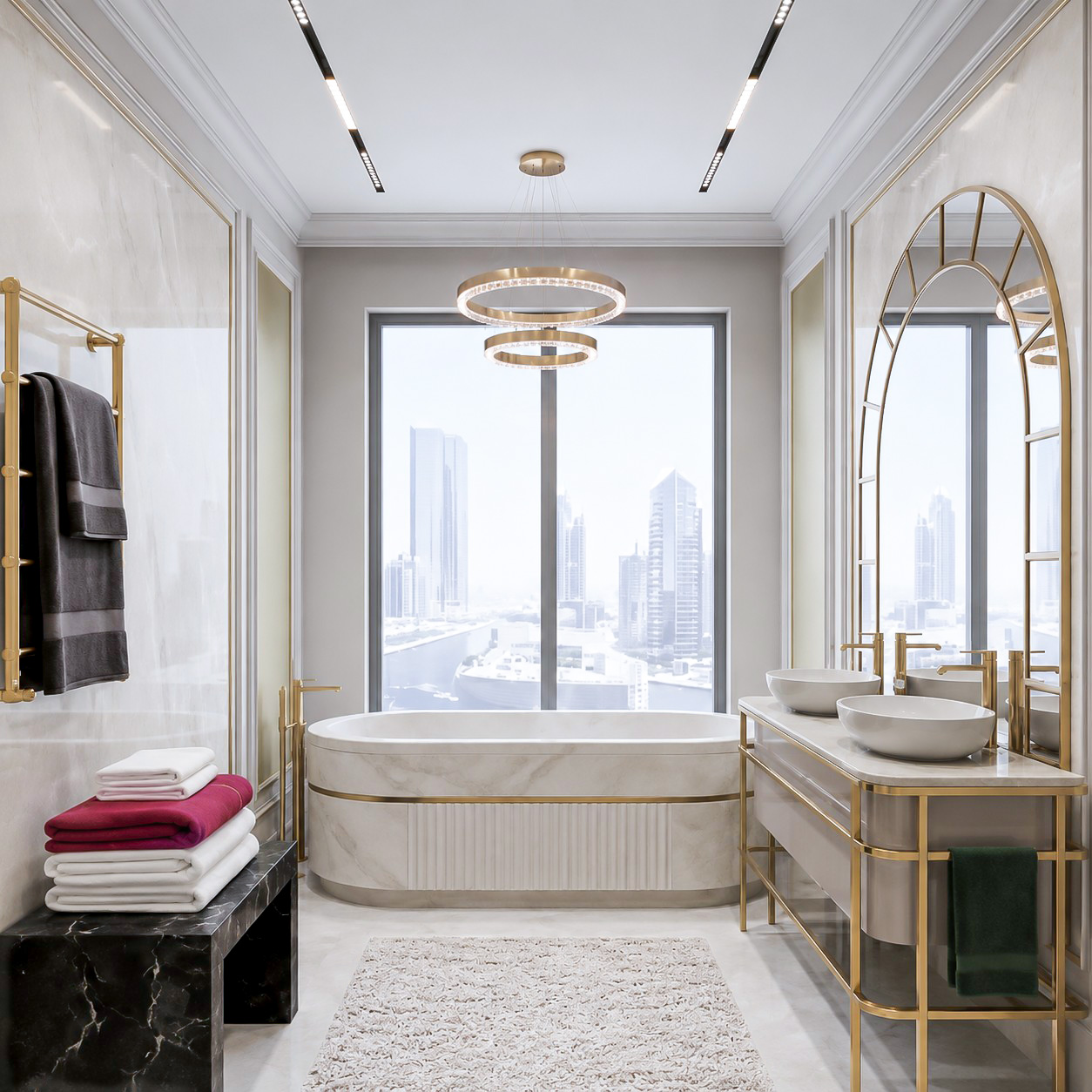 Luxury bathroom with freestanding bathtub and Dubai Marina view