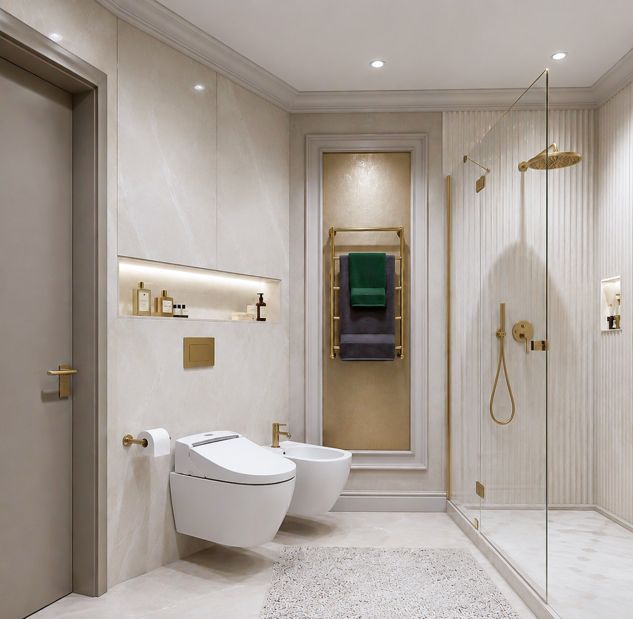 Luxury bathroom with walk-in shower and brass fittings