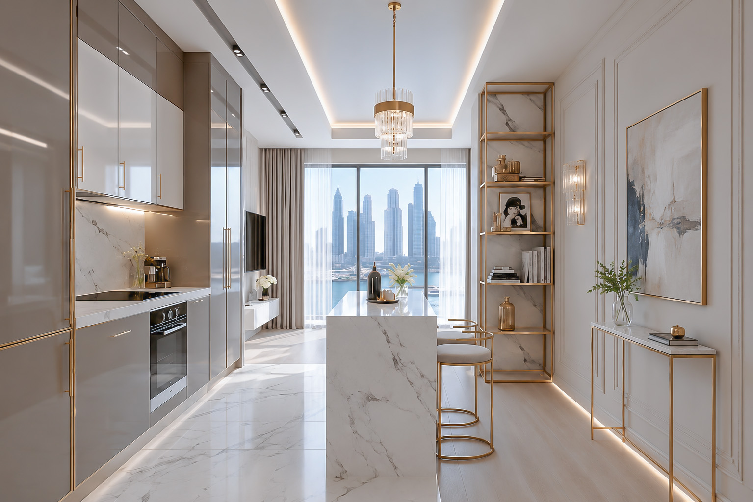 Open-plan luxury kitchen with marble island and Dubai Marina view