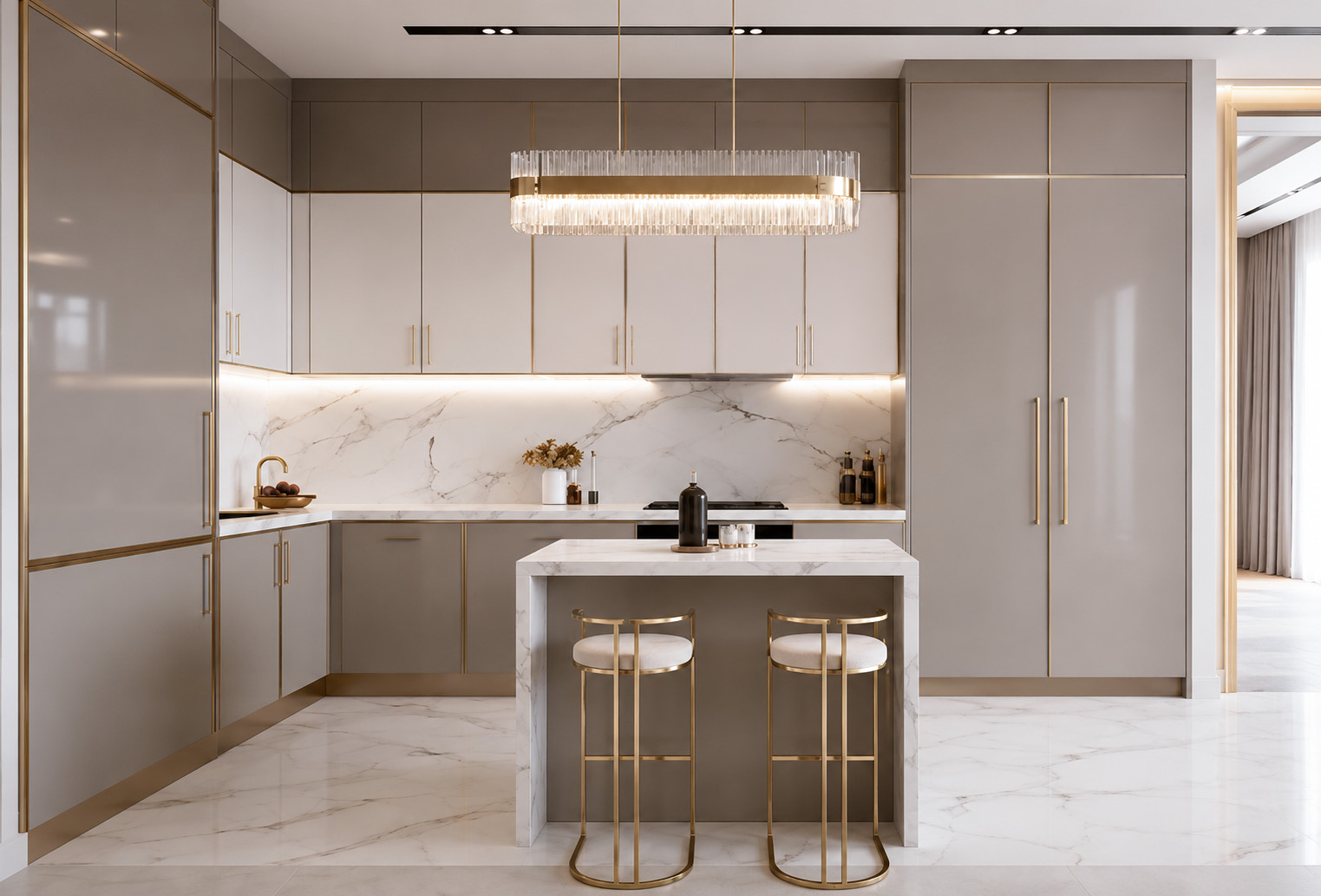 Contemporary luxury kitchen with marble finishes and brass details