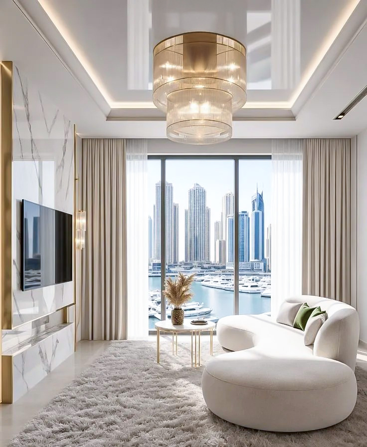 Luxury living room overlooking Dubai Marina