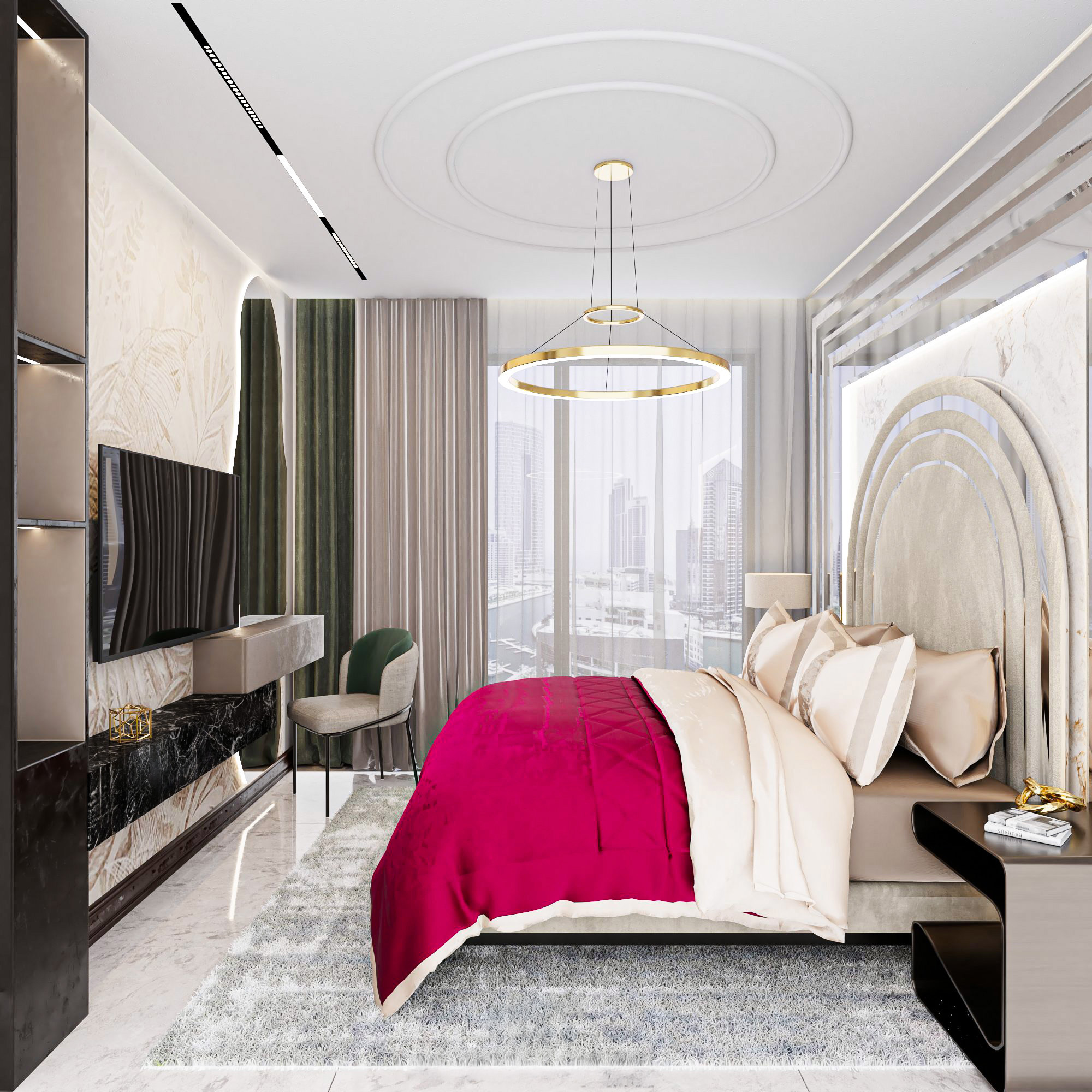 Luxury modern bedroom with rose-inspired bedding and Dubai Marina view