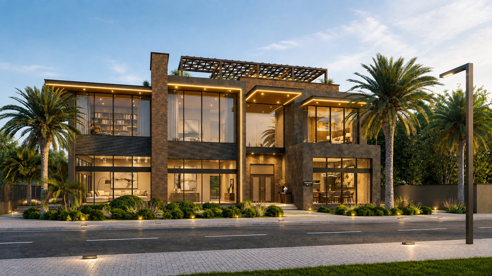 Private Villa Nadd Al Shibba Fourth exterior in Dubai at dusk