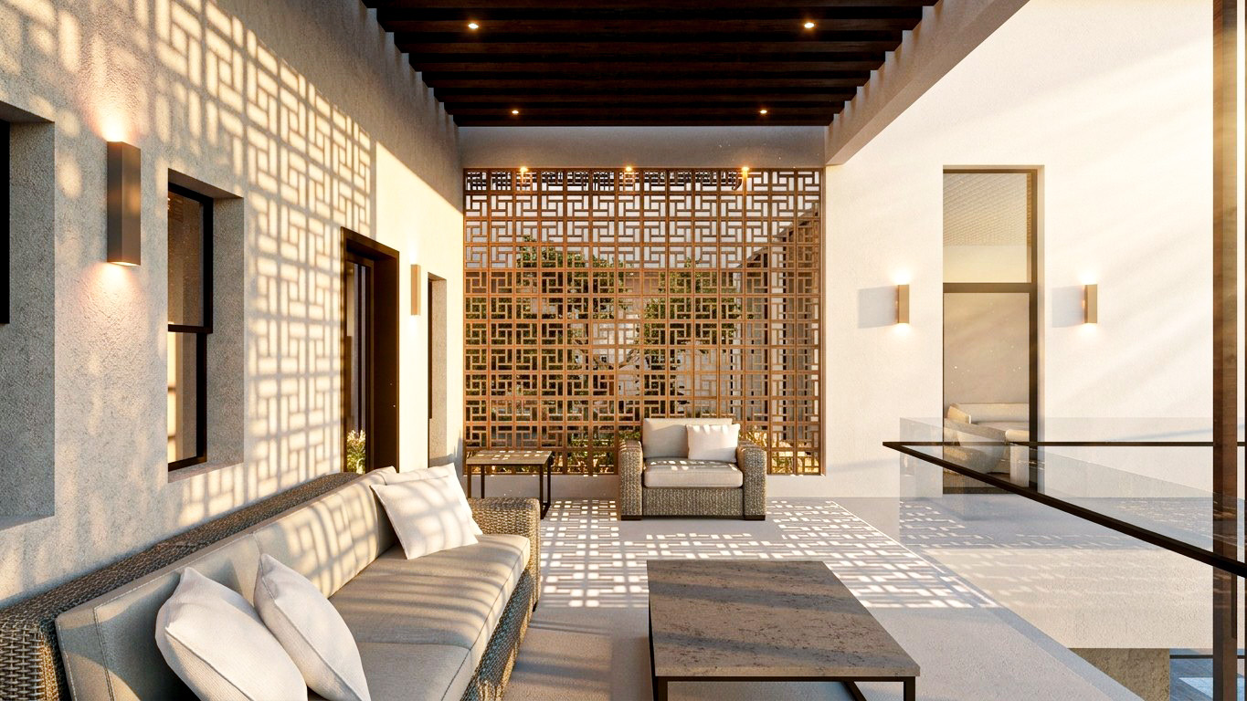 Shaded villa balcony with lattice screens and outdoor seating