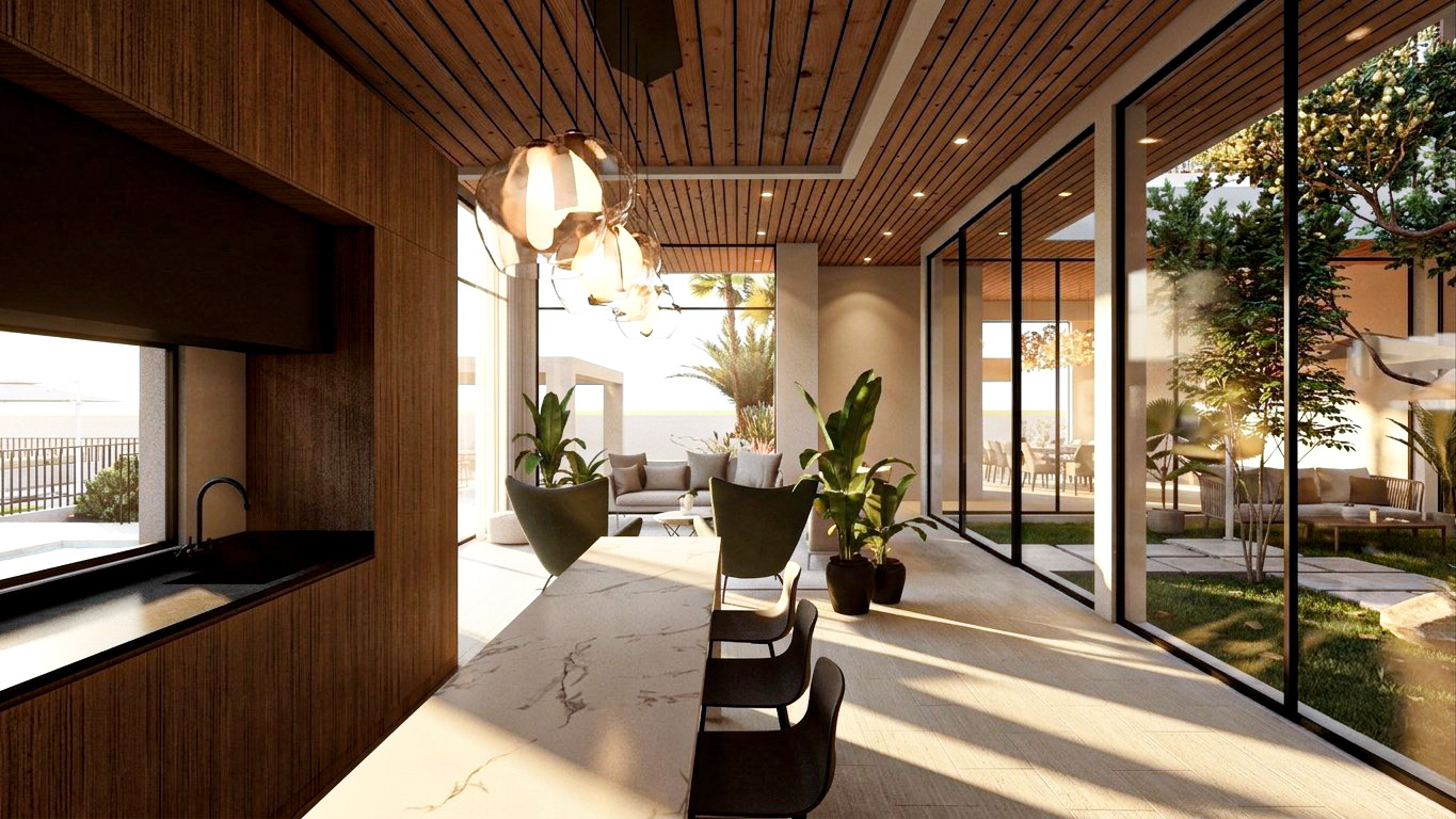 Timber bar counter beside the landscaped courtyard