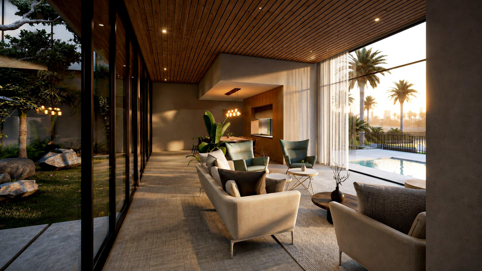 Bar and lounge area opening to the swimming pool and garden