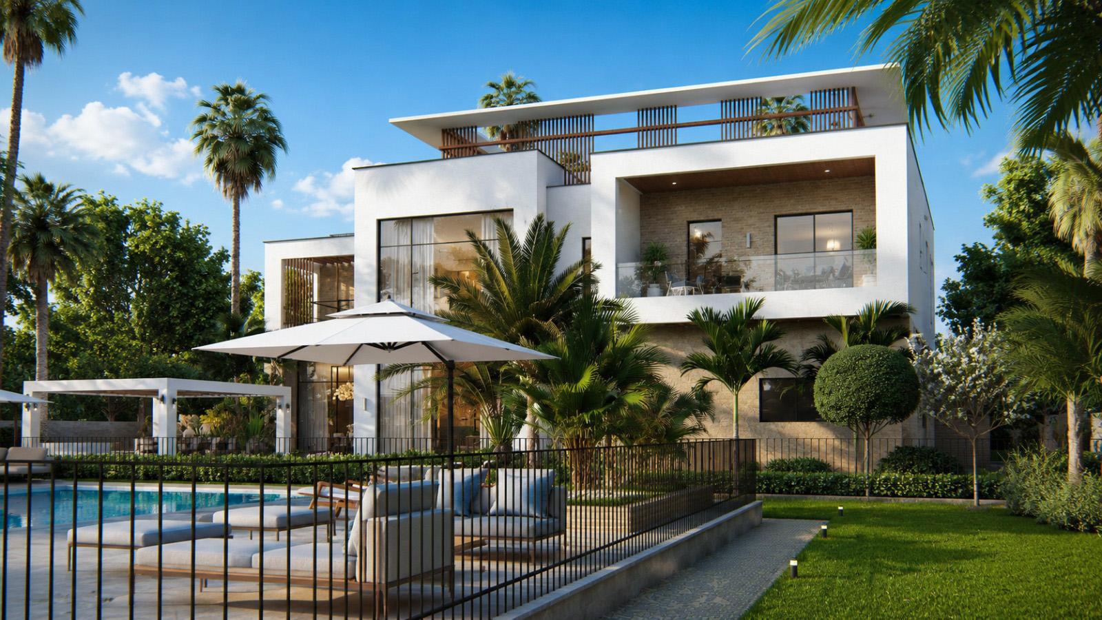 Villa garden, swimming pool, and rear elevation